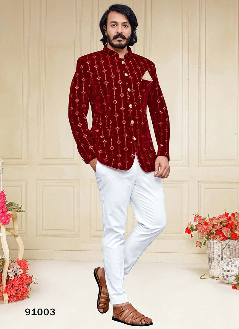 Maroon Colour Outluk Vol 91 New latest Designer Party Wear Velvet Jodhpuri Suit Collection 91003